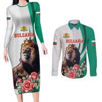 Personalized Bulgaria Coat of Arms Couples Matching Long Sleeve Bodycon Dress and Long Sleeve Button Shirt A Crowned Golden Lion with Rose
