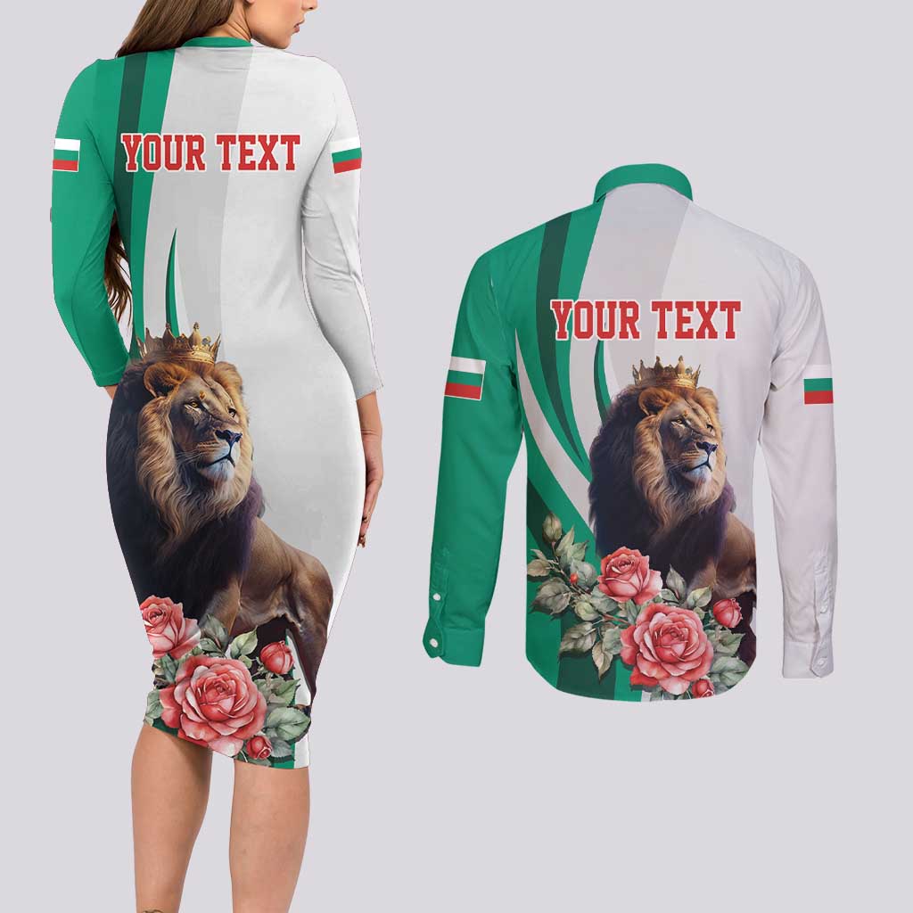 Personalized Bulgaria Coat of Arms Couples Matching Long Sleeve Bodycon Dress and Long Sleeve Button Shirt A Crowned Golden Lion with Rose