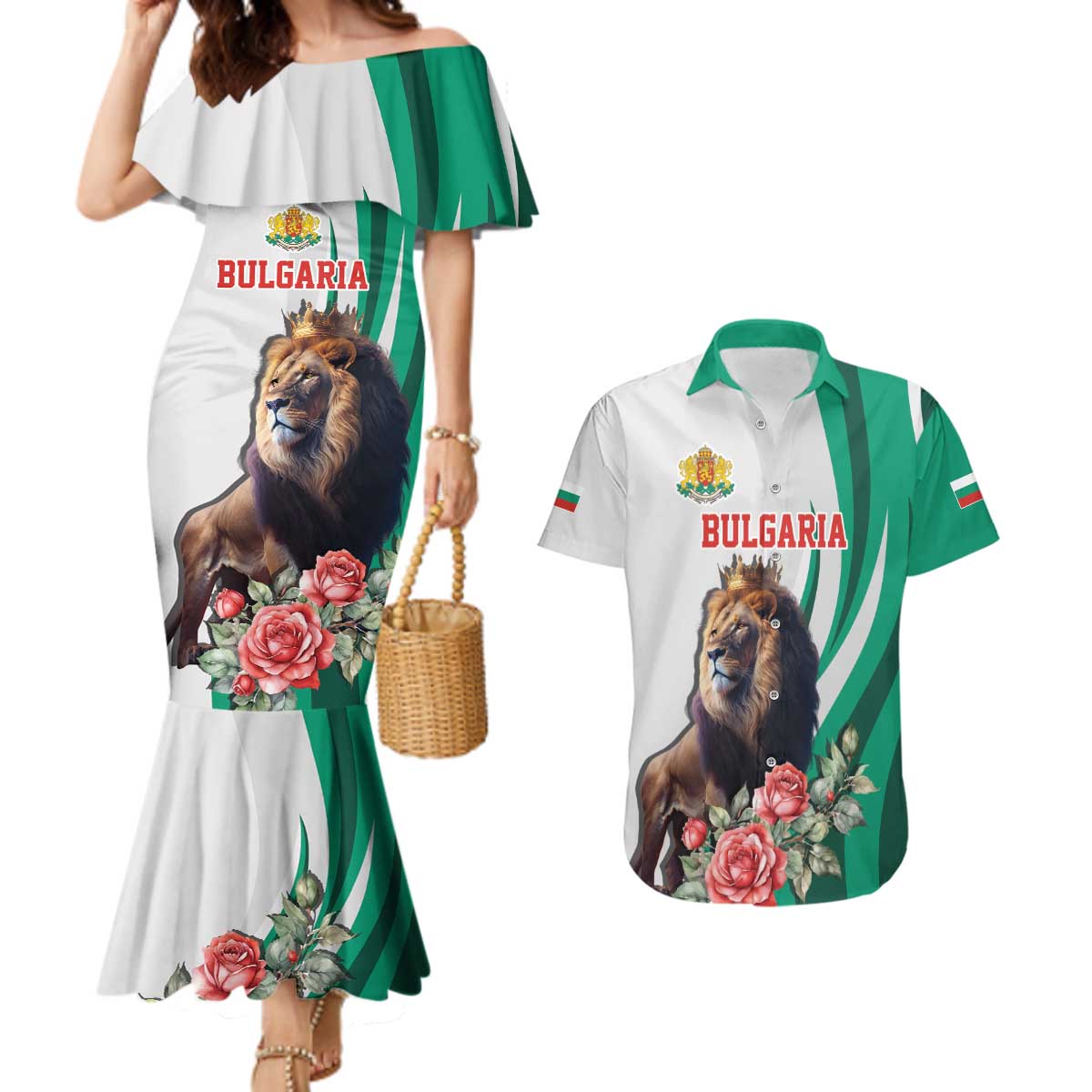Personalized Bulgaria Coat of Arms Couples Matching Mermaid Dress and Hawaiian Shirt A Crowned Golden Lion with Rose