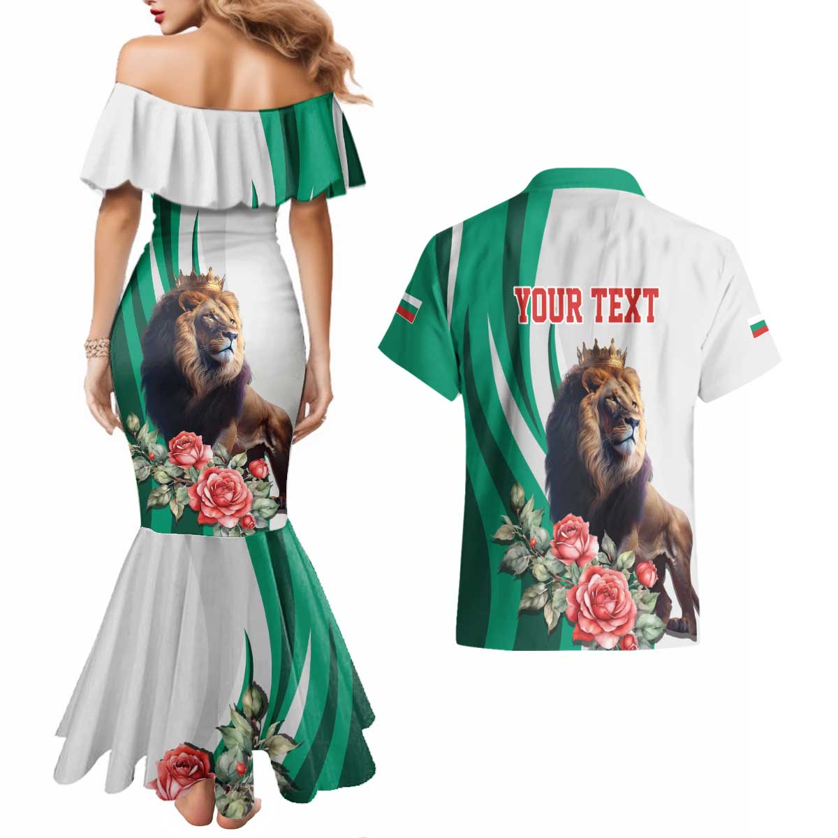Personalized Bulgaria Coat of Arms Couples Matching Mermaid Dress and Hawaiian Shirt A Crowned Golden Lion with Rose