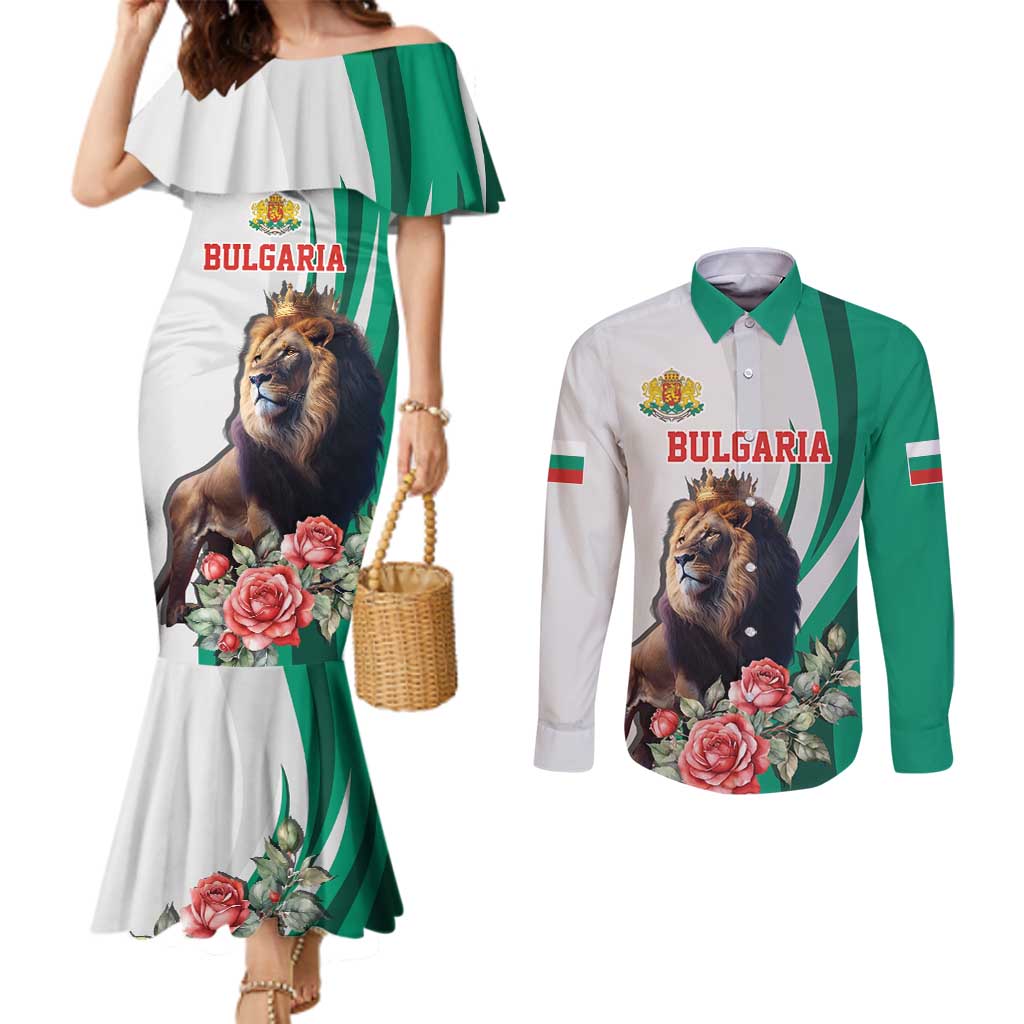 Personalized Bulgaria Coat of Arms Couples Matching Mermaid Dress and Long Sleeve Button Shirt A Crowned Golden Lion with Rose