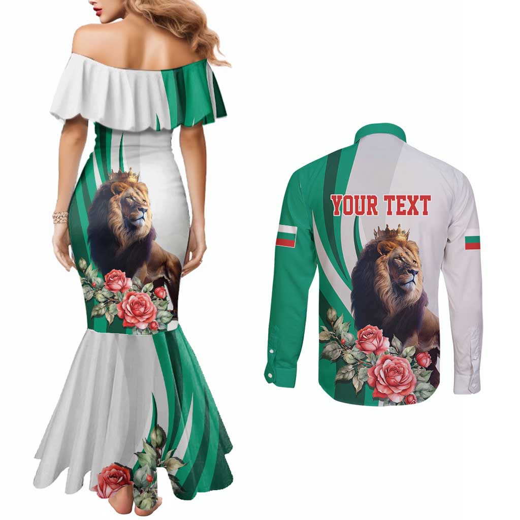 Personalized Bulgaria Coat of Arms Couples Matching Mermaid Dress and Long Sleeve Button Shirt A Crowned Golden Lion with Rose