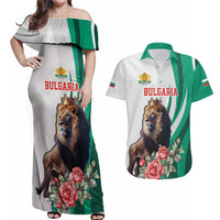 Personalized Bulgaria Coat of Arms Couples Matching Off Shoulder Maxi Dress and Hawaiian Shirt A Crowned Golden Lion with Rose