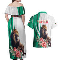 Personalized Bulgaria Coat of Arms Couples Matching Off Shoulder Maxi Dress and Hawaiian Shirt A Crowned Golden Lion with Rose