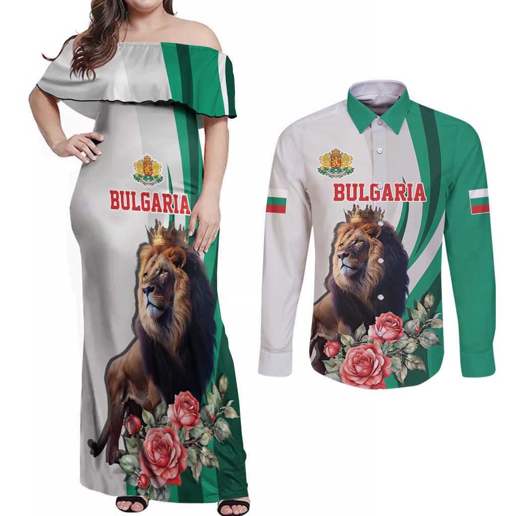 Personalized Bulgaria Coat of Arms Couples Matching Off Shoulder Maxi Dress and Long Sleeve Button Shirt A Crowned Golden Lion with Rose