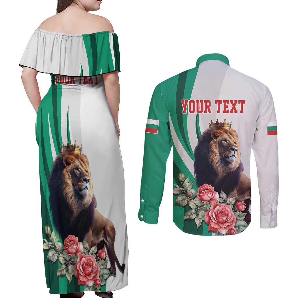 Personalized Bulgaria Coat of Arms Couples Matching Off Shoulder Maxi Dress and Long Sleeve Button Shirt A Crowned Golden Lion with Rose