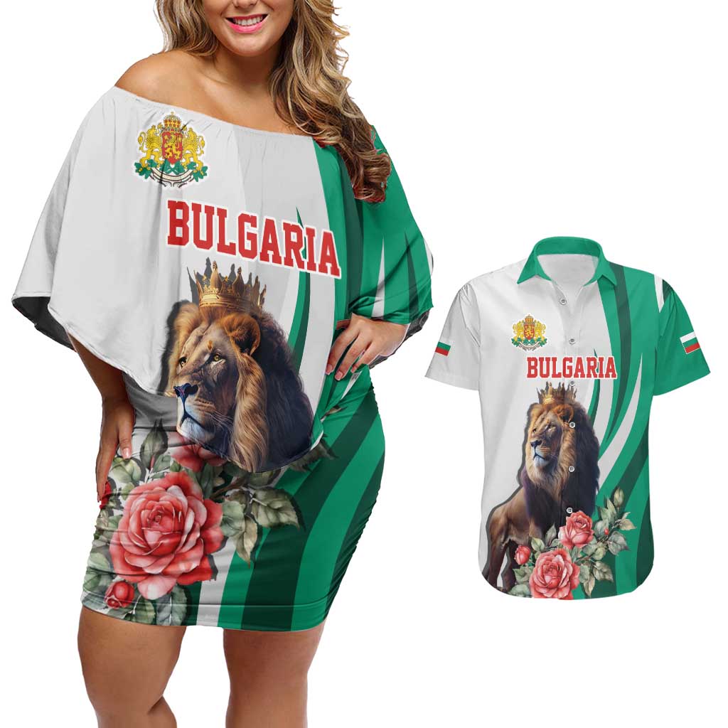 Personalized Bulgaria Coat of Arms Couples Matching Off Shoulder Short Dress and Hawaiian Shirt A Crowned Golden Lion with Rose