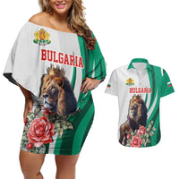 Personalized Bulgaria Coat of Arms Couples Matching Off Shoulder Short Dress and Hawaiian Shirt A Crowned Golden Lion with Rose