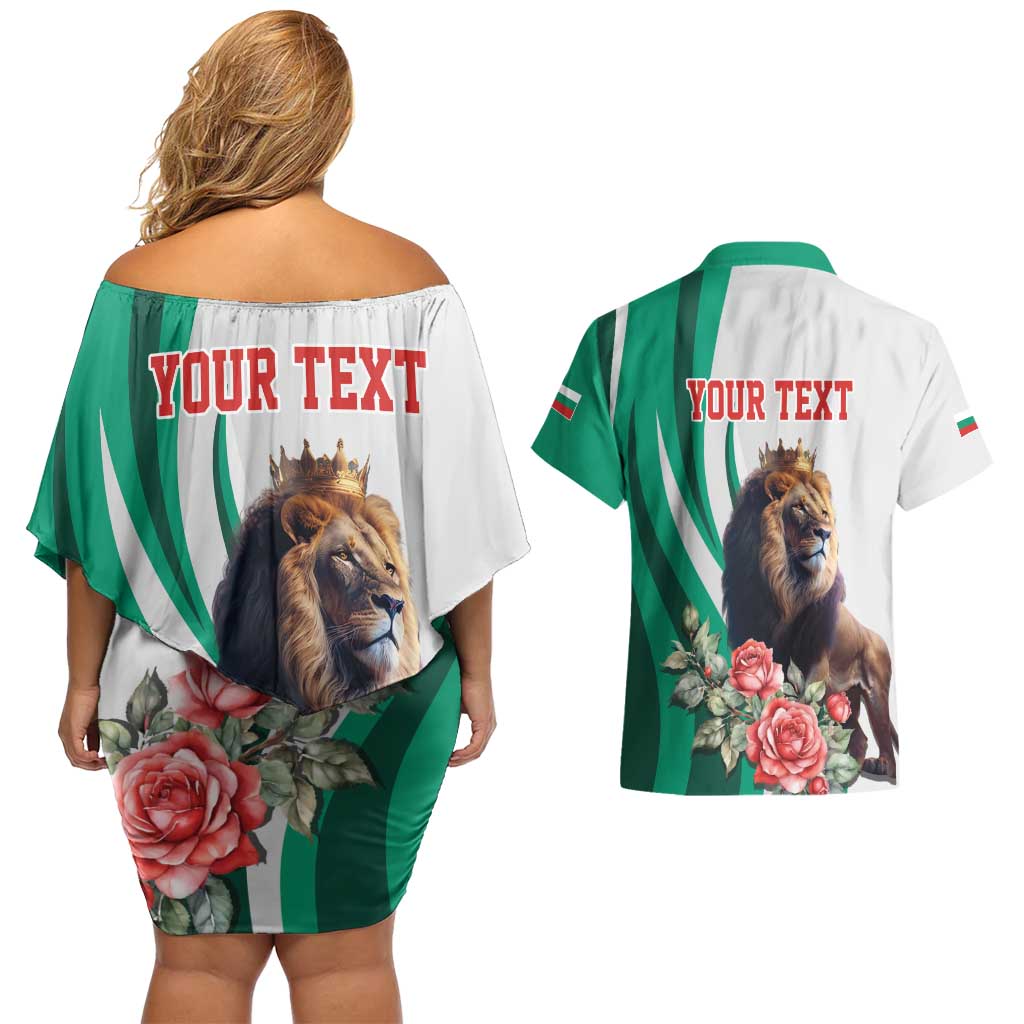 Personalized Bulgaria Coat of Arms Couples Matching Off Shoulder Short Dress and Hawaiian Shirt A Crowned Golden Lion with Rose