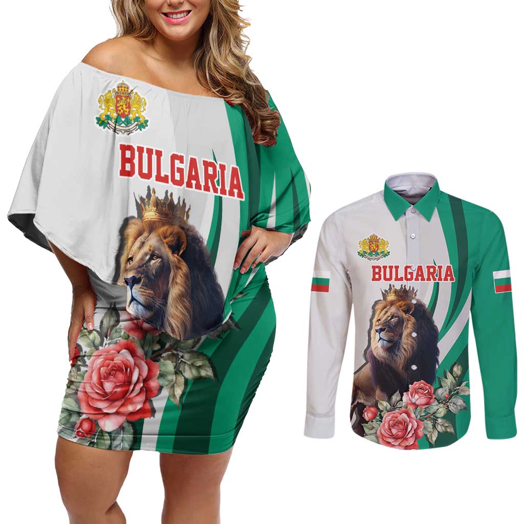 Personalized Bulgaria Coat of Arms Couples Matching Off Shoulder Short Dress and Long Sleeve Button Shirt A Crowned Golden Lion with Rose