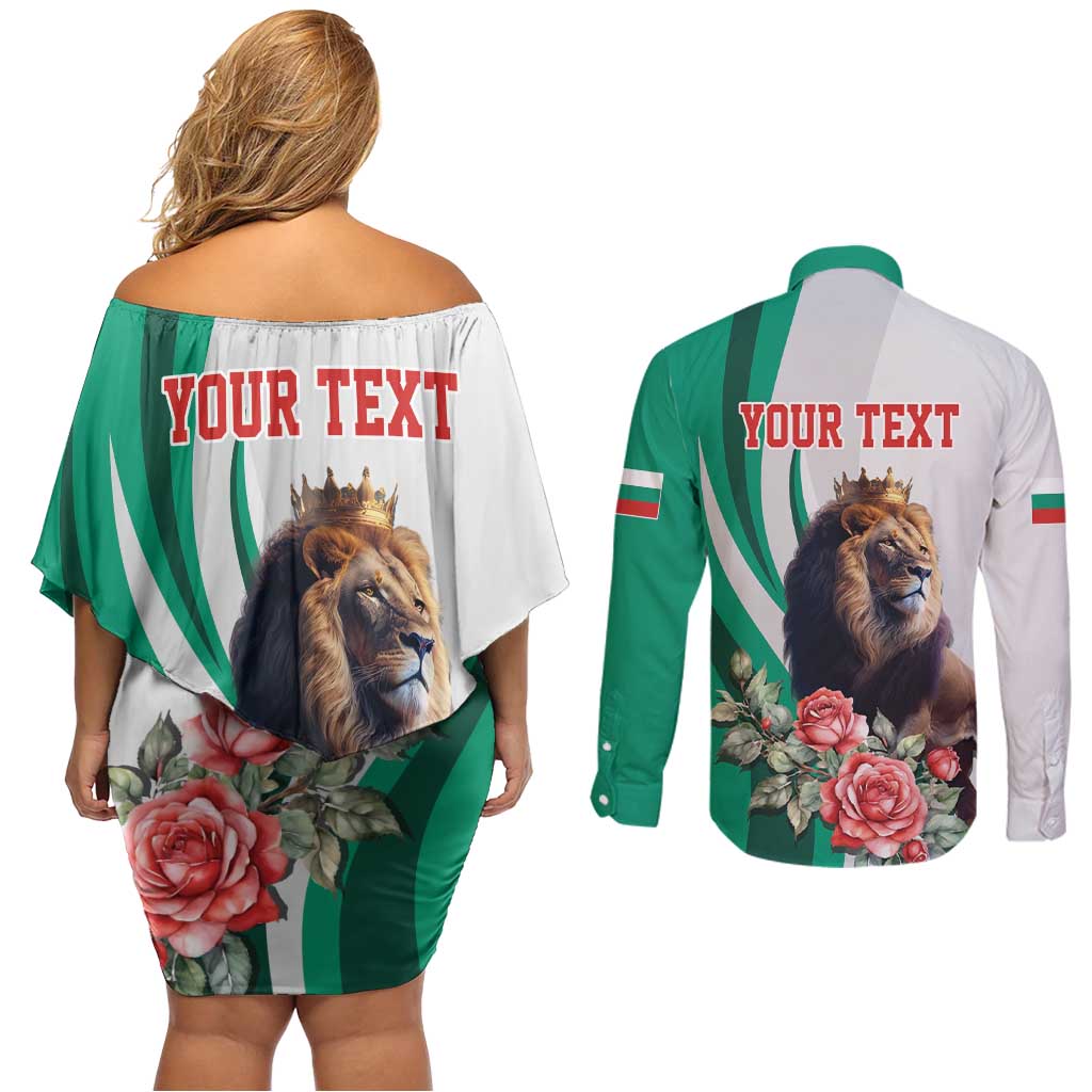 Personalized Bulgaria Coat of Arms Couples Matching Off Shoulder Short Dress and Long Sleeve Button Shirt A Crowned Golden Lion with Rose