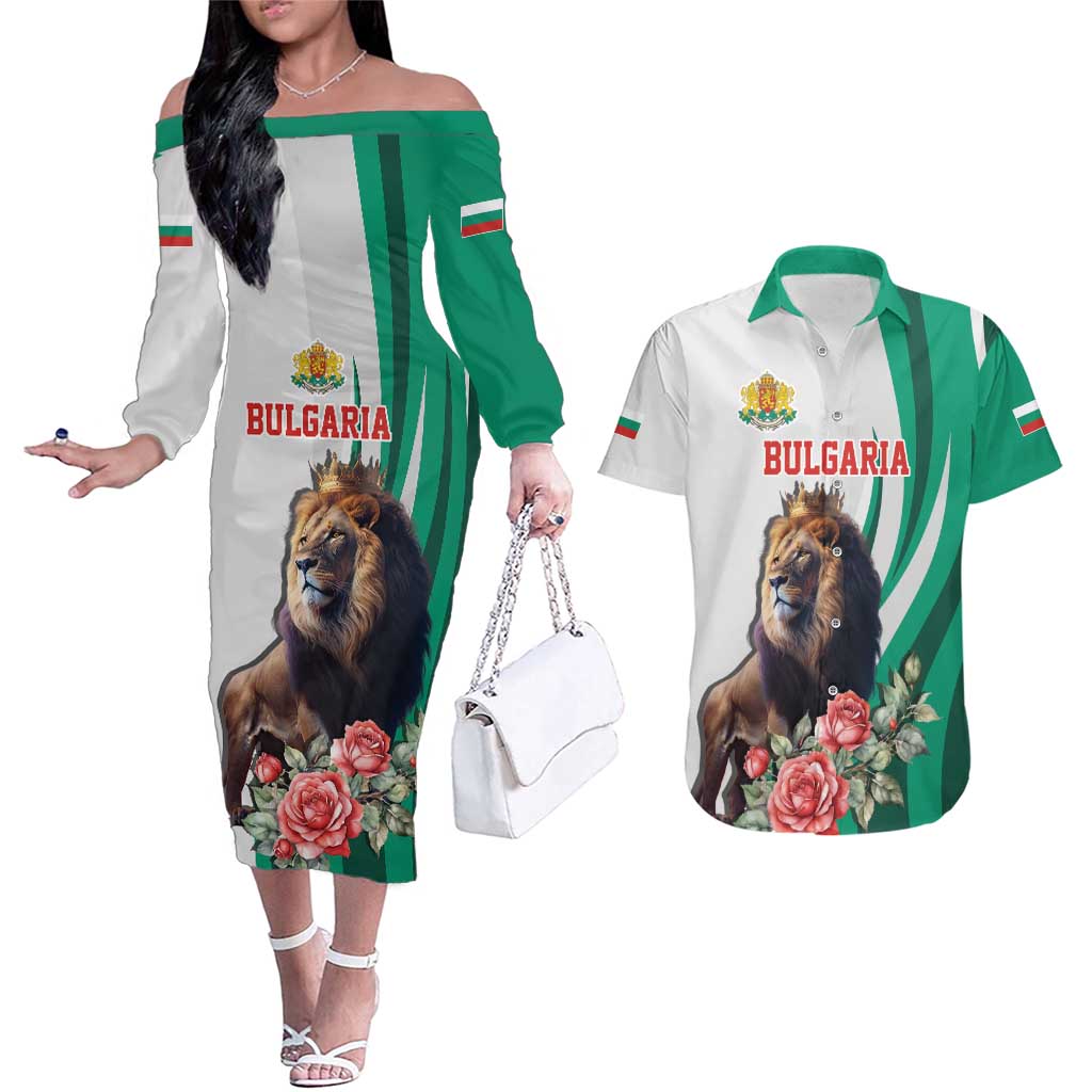 Personalized Bulgaria Coat of Arms Couples Matching Off The Shoulder Long Sleeve Dress and Hawaiian Shirt A Crowned Golden Lion with Rose