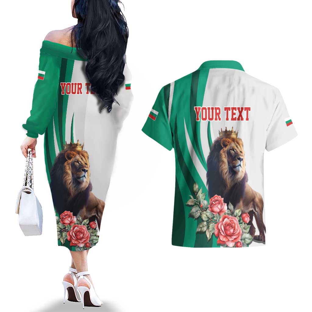 Personalized Bulgaria Coat of Arms Couples Matching Off The Shoulder Long Sleeve Dress and Hawaiian Shirt A Crowned Golden Lion with Rose