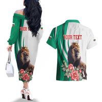 Personalized Bulgaria Coat of Arms Couples Matching Off The Shoulder Long Sleeve Dress and Hawaiian Shirt A Crowned Golden Lion with Rose