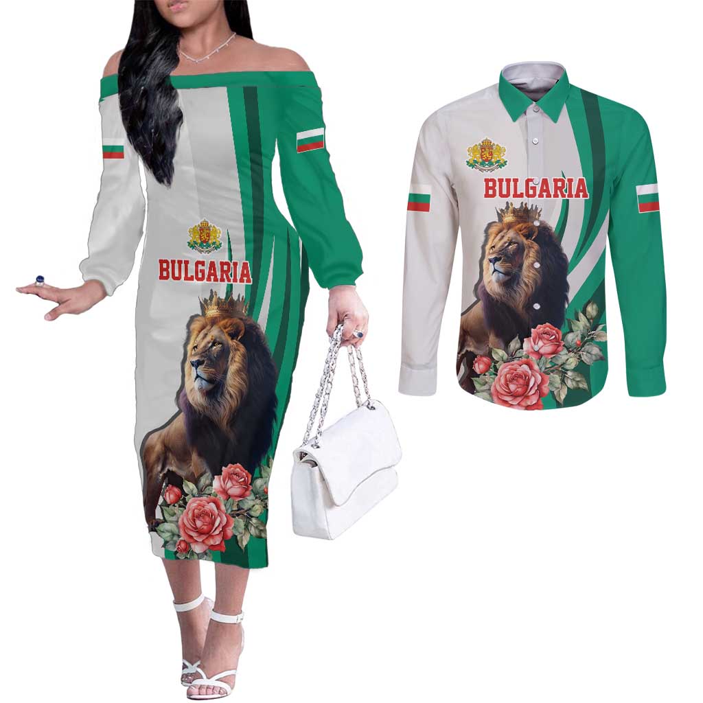 Personalized Bulgaria Coat of Arms Couples Matching Off The Shoulder Long Sleeve Dress and Long Sleeve Button Shirt A Crowned Golden Lion with Rose