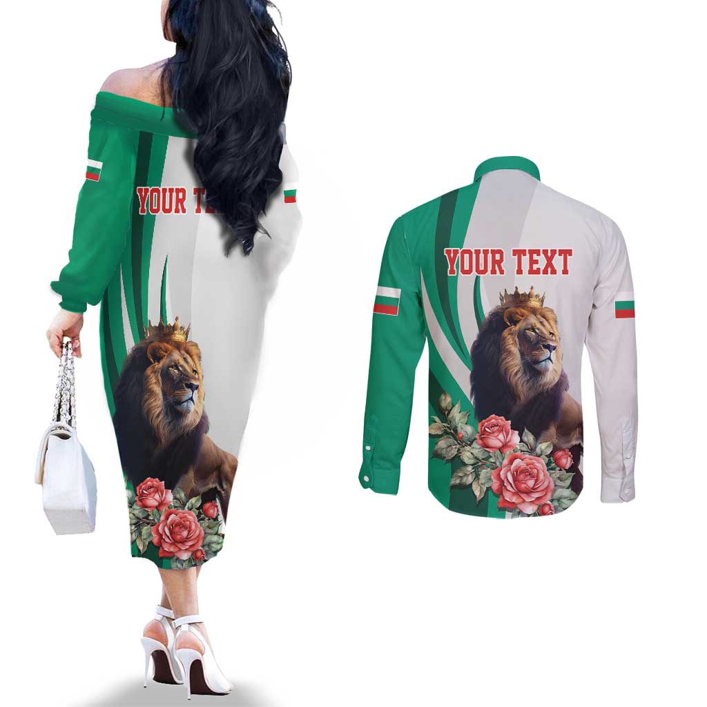 Personalized Bulgaria Coat of Arms Couples Matching Off The Shoulder Long Sleeve Dress and Long Sleeve Button Shirt A Crowned Golden Lion with Rose
