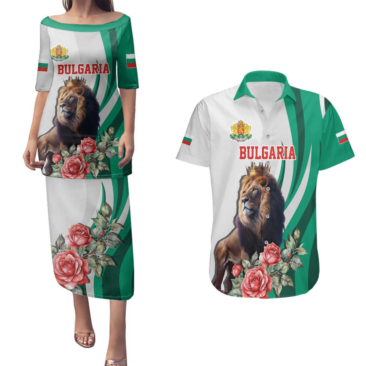 Personalized Bulgaria Coat of Arms Couples Matching Puletasi and Hawaiian Shirt A Crowned Golden Lion with Rose