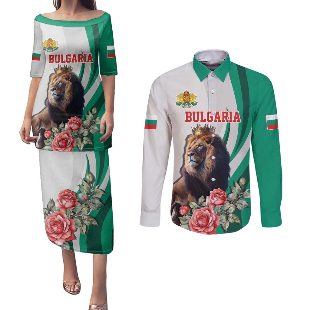 Personalized Bulgaria Coat of Arms Couples Matching Puletasi and Long Sleeve Button Shirt A Crowned Golden Lion with Rose