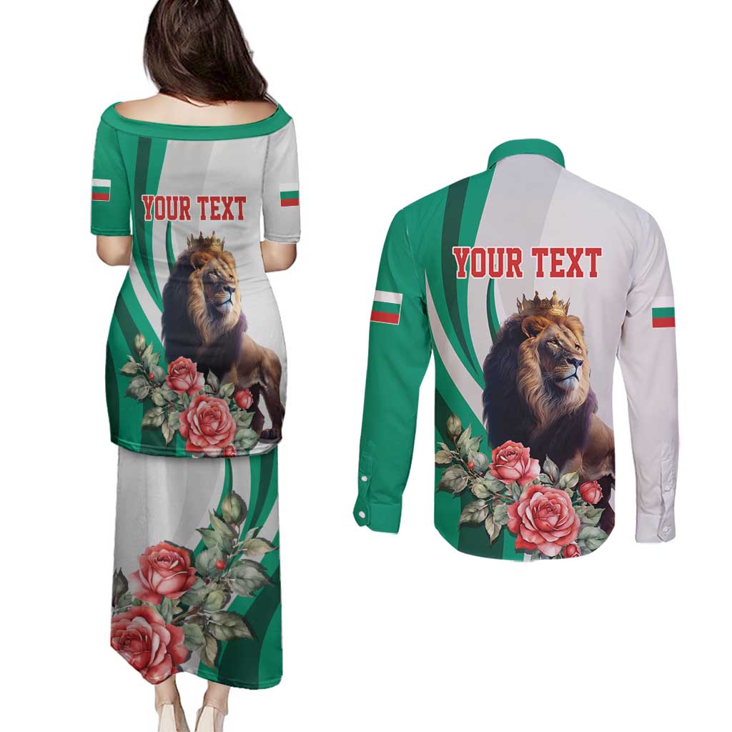 Personalized Bulgaria Coat of Arms Couples Matching Puletasi and Long Sleeve Button Shirt A Crowned Golden Lion with Rose
