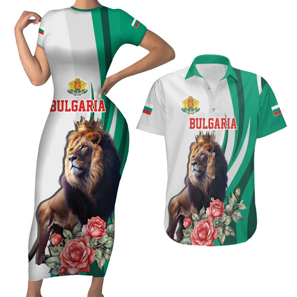 Personalized Bulgaria Coat of Arms Couples Matching Short Sleeve Bodycon Dress and Hawaiian Shirt A Crowned Golden Lion with Rose