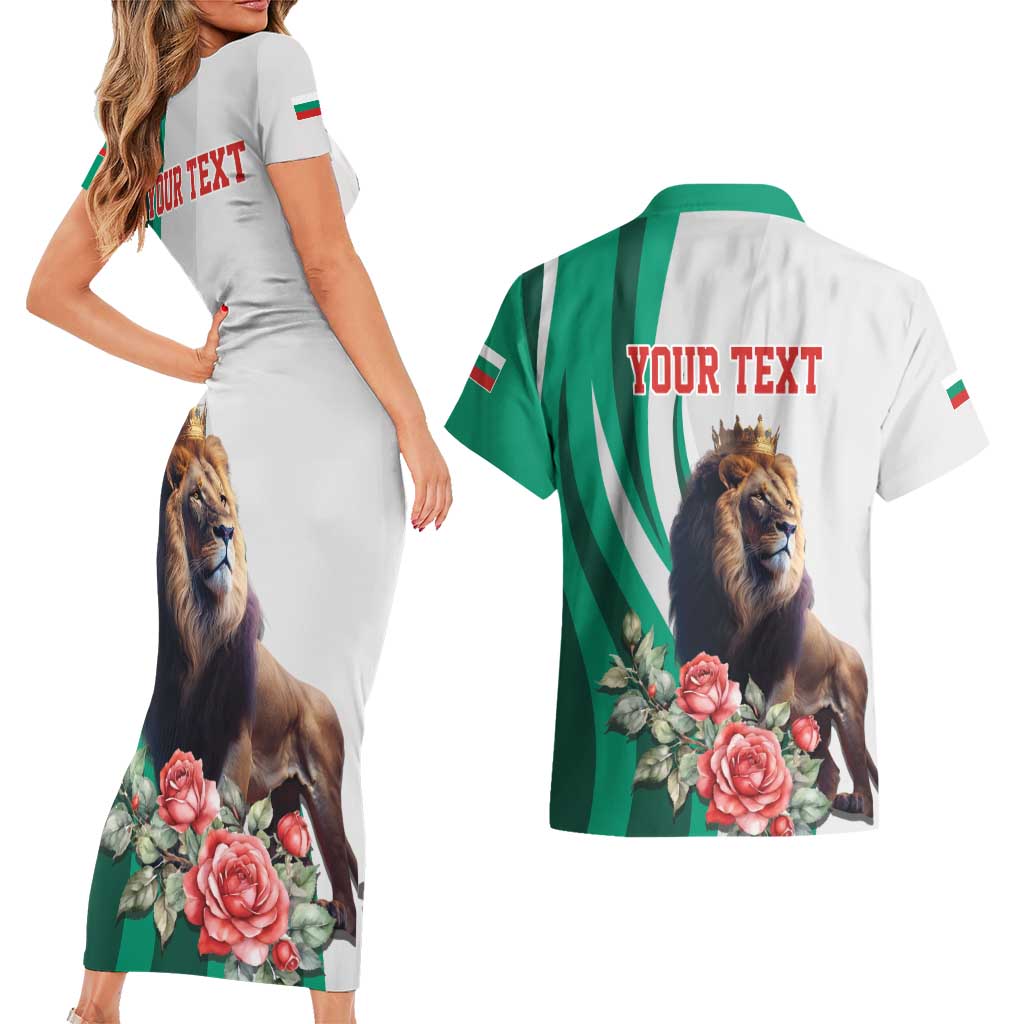 Personalized Bulgaria Coat of Arms Couples Matching Short Sleeve Bodycon Dress and Hawaiian Shirt A Crowned Golden Lion with Rose