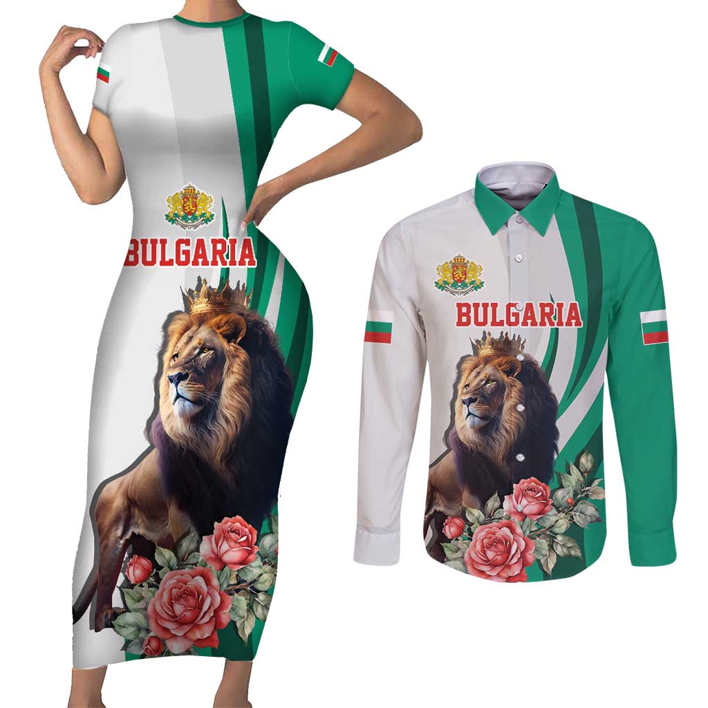 Personalized Bulgaria Coat of Arms Couples Matching Short Sleeve Bodycon Dress and Long Sleeve Button Shirt A Crowned Golden Lion with Rose