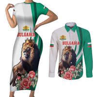 Personalized Bulgaria Coat of Arms Couples Matching Short Sleeve Bodycon Dress and Long Sleeve Button Shirt A Crowned Golden Lion with Rose