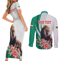 Personalized Bulgaria Coat of Arms Couples Matching Short Sleeve Bodycon Dress and Long Sleeve Button Shirt A Crowned Golden Lion with Rose