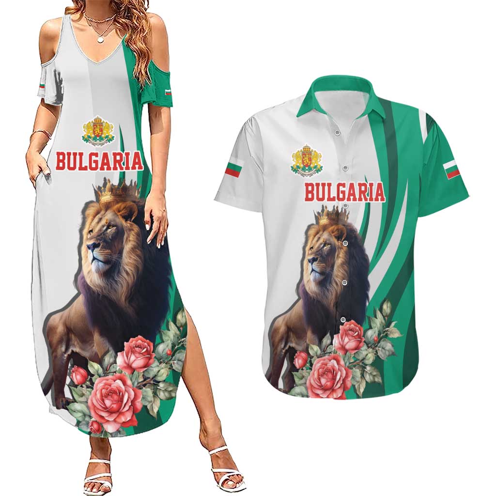 Personalized Bulgaria Coat of Arms Couples Matching Summer Maxi Dress and Hawaiian Shirt A Crowned Golden Lion with Rose
