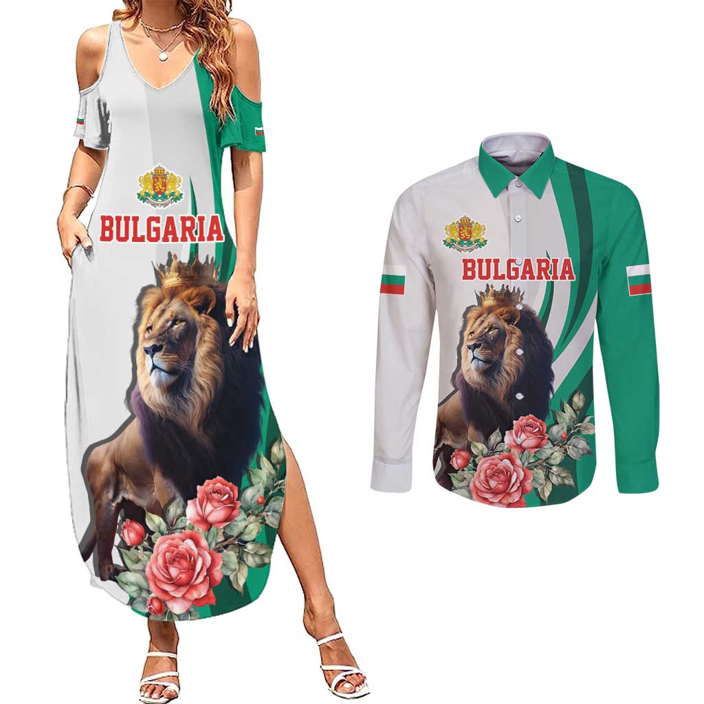 Personalized Bulgaria Coat of Arms Couples Matching Summer Maxi Dress and Long Sleeve Button Shirt A Crowned Golden Lion with Rose