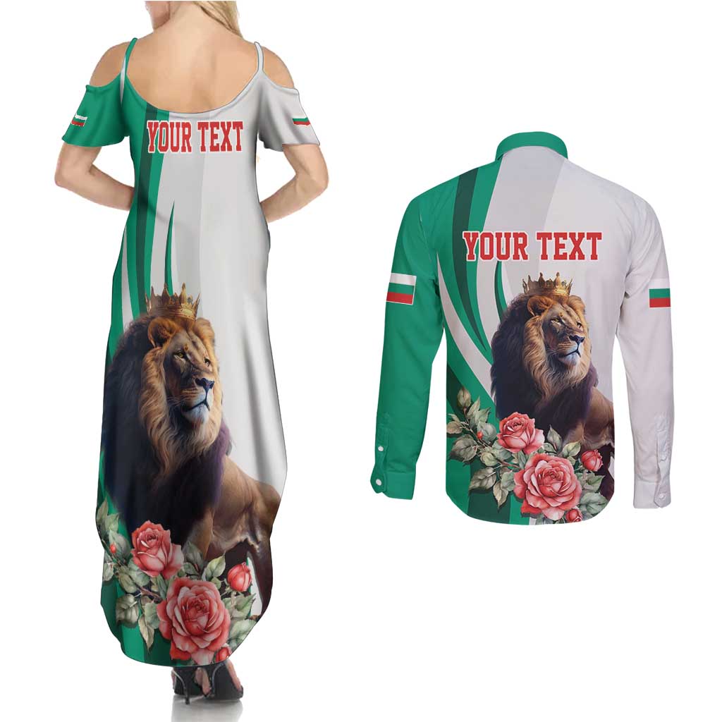 Personalized Bulgaria Coat of Arms Couples Matching Summer Maxi Dress and Long Sleeve Button Shirt A Crowned Golden Lion with Rose