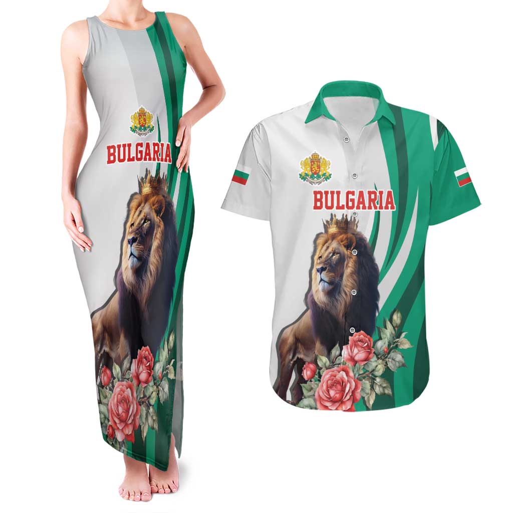 Personalized Bulgaria Coat of Arms Couples Matching Tank Maxi Dress and Hawaiian Shirt A Crowned Golden Lion with Rose