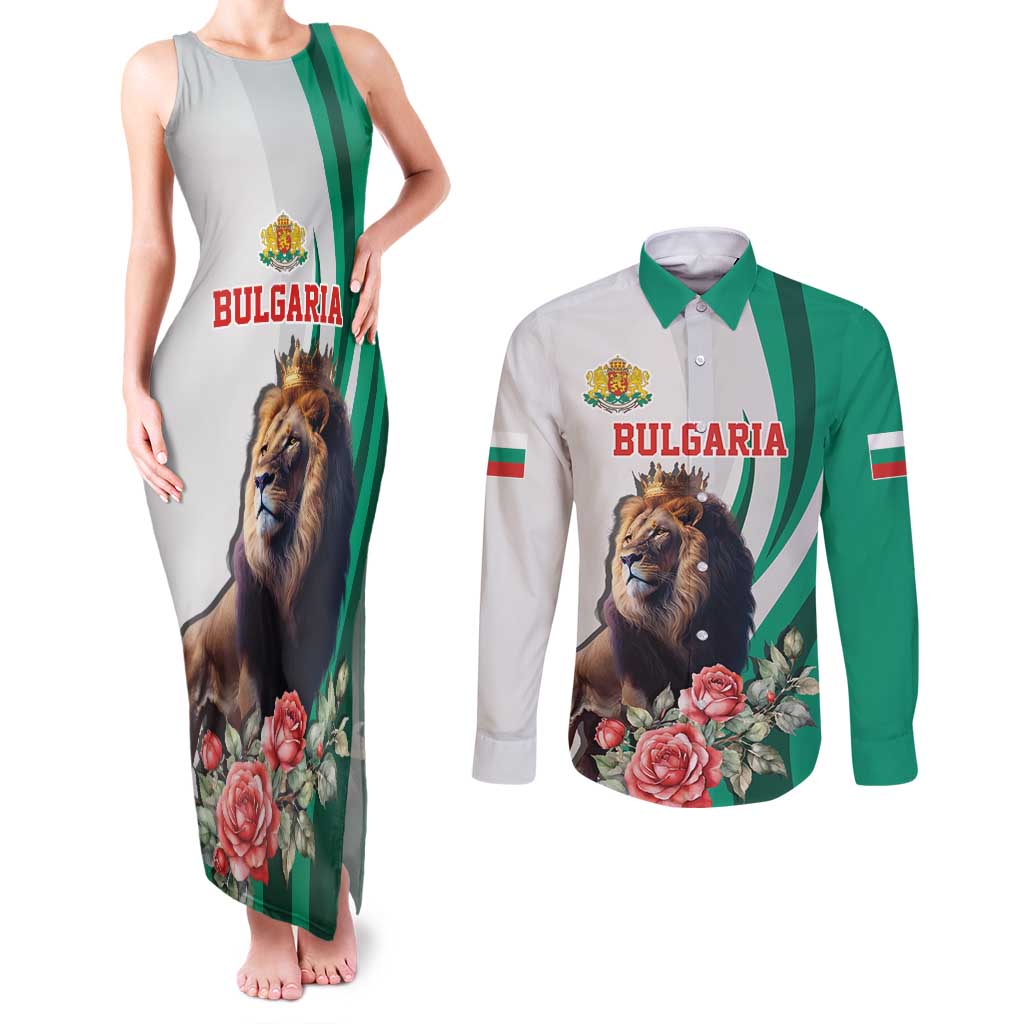 Personalized Bulgaria Coat of Arms Couples Matching Tank Maxi Dress and Long Sleeve Button Shirt A Crowned Golden Lion with Rose