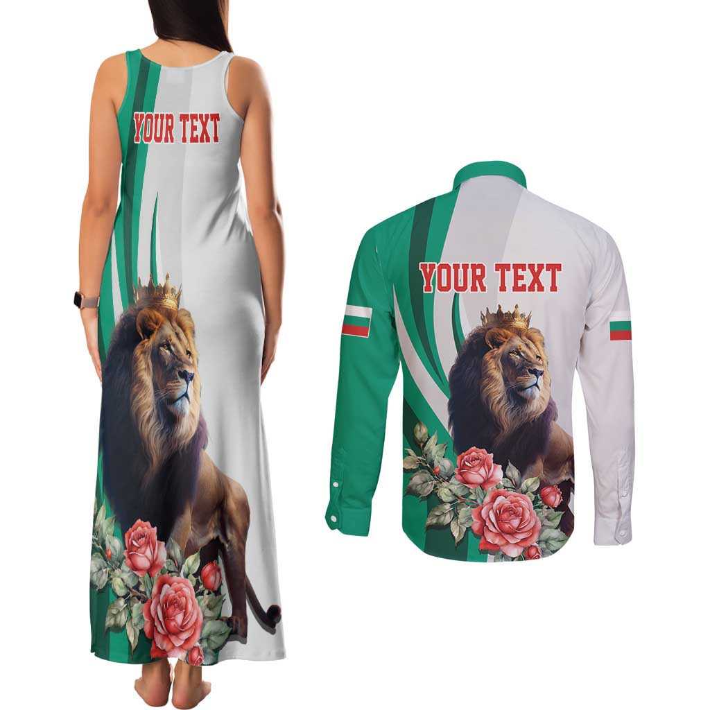 Personalized Bulgaria Coat of Arms Couples Matching Tank Maxi Dress and Long Sleeve Button Shirt A Crowned Golden Lion with Rose