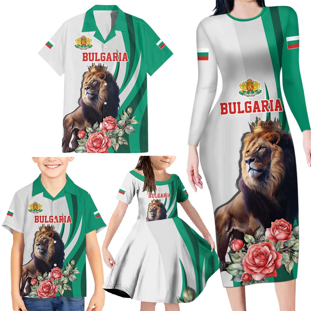 Personalized Bulgaria Coat of Arms Family Matching Long Sleeve Bodycon Dress and Hawaiian Shirt A Crowned Golden Lion with Rose