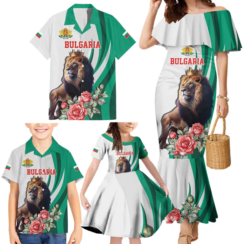 Personalized Bulgaria Coat of Arms Family Matching Mermaid Dress and Hawaiian Shirt A Crowned Golden Lion with Rose