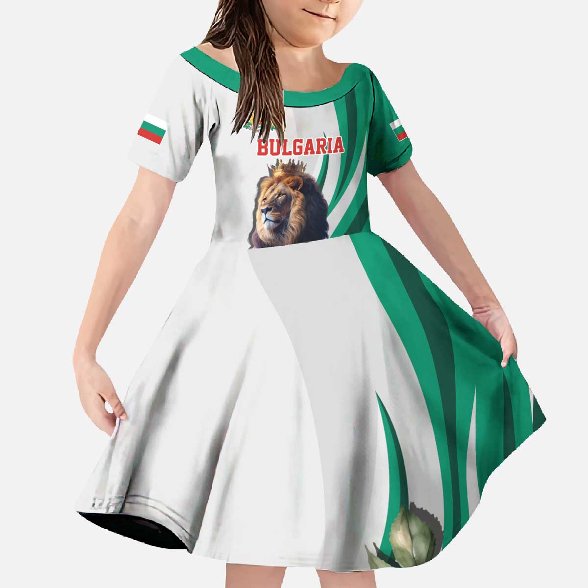 Personalized Bulgaria Coat of Arms Family Matching Off The Shoulder Long Sleeve Dress and Hawaiian Shirt A Crowned Golden Lion with Rose