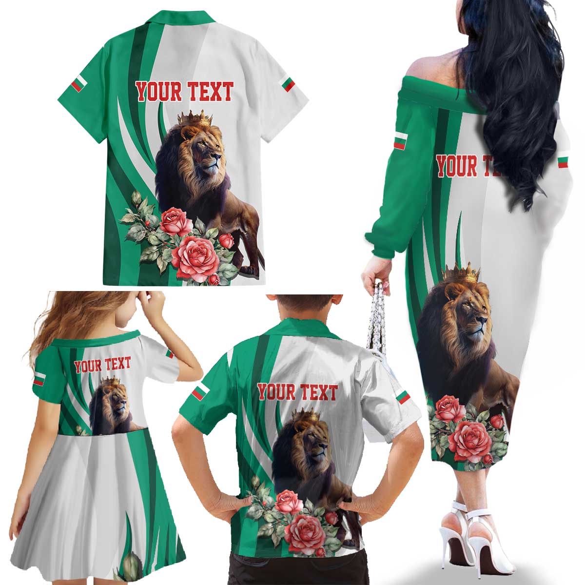 Personalized Bulgaria Coat of Arms Family Matching Off The Shoulder Long Sleeve Dress and Hawaiian Shirt A Crowned Golden Lion with Rose
