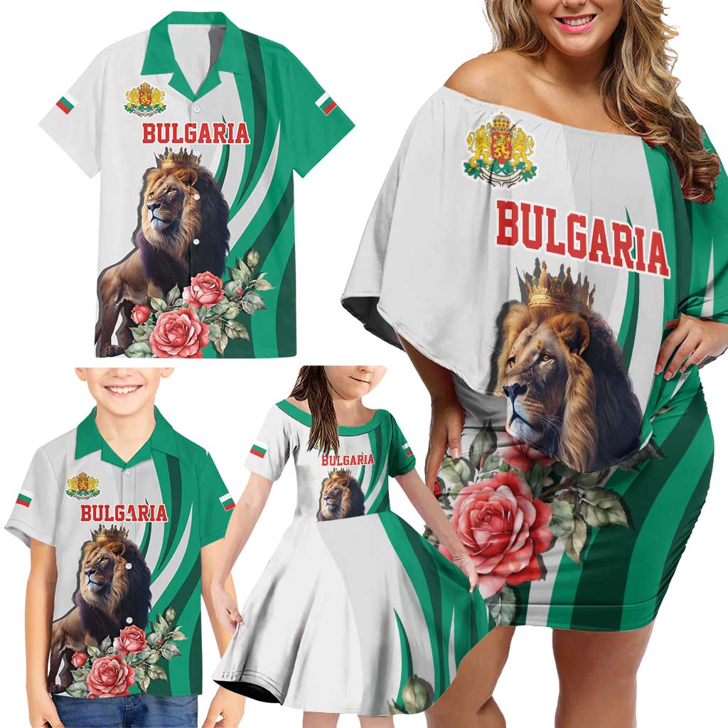 Personalized Bulgaria Coat of Arms Family Matching Off Shoulder Short Dress and Hawaiian Shirt A Crowned Golden Lion with Rose