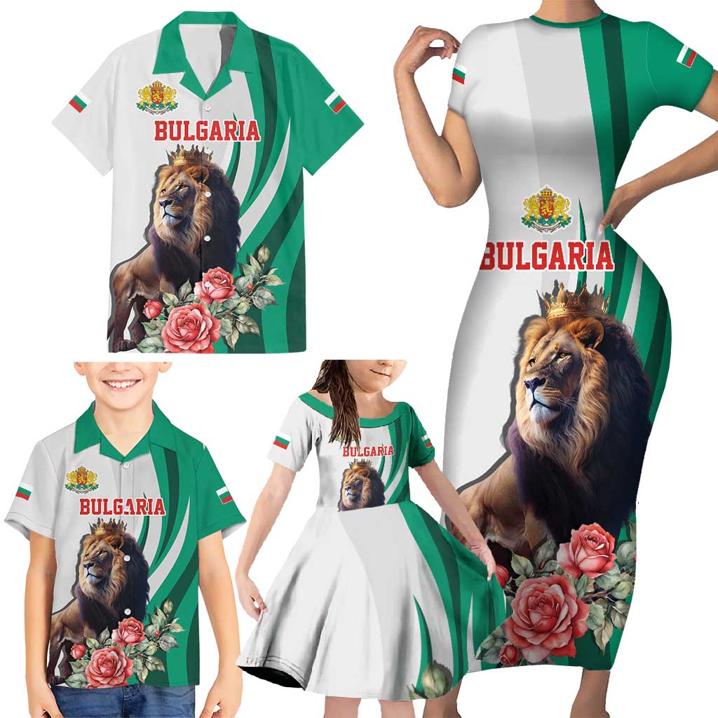 Personalized Bulgaria Coat of Arms Family Matching Short Sleeve Bodycon Dress and Hawaiian Shirt A Crowned Golden Lion with Rose