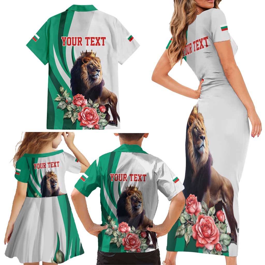 Personalized Bulgaria Coat of Arms Family Matching Short Sleeve Bodycon Dress and Hawaiian Shirt A Crowned Golden Lion with Rose
