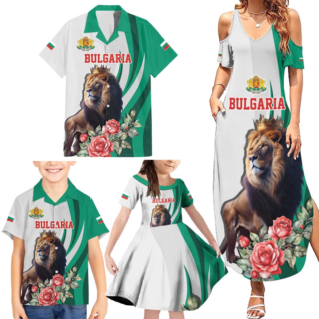 Personalized Bulgaria Coat of Arms Family Matching Summer Maxi Dress and Hawaiian Shirt A Crowned Golden Lion with Rose