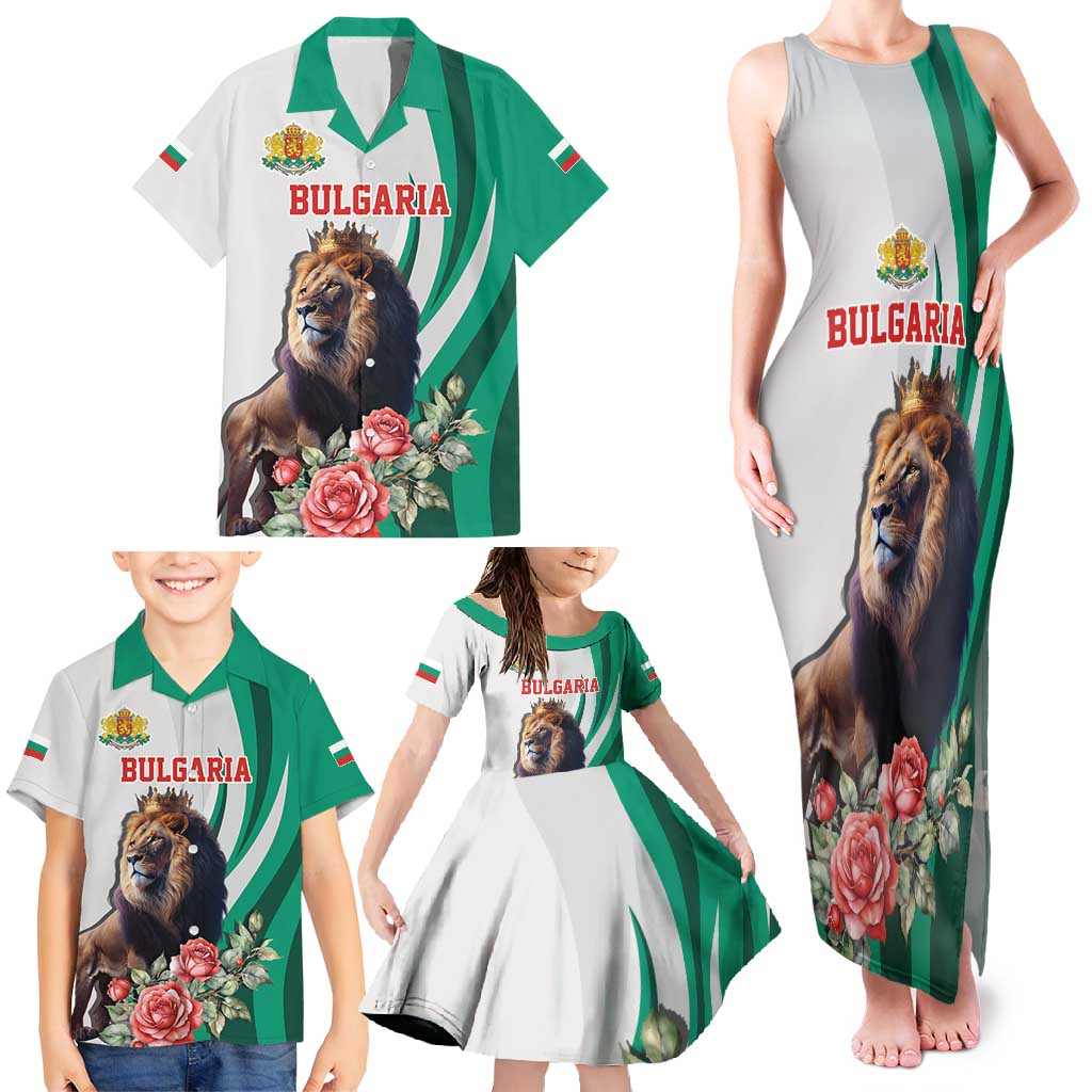 Personalized Bulgaria Coat of Arms Family Matching Tank Maxi Dress and Hawaiian Shirt A Crowned Golden Lion with Rose