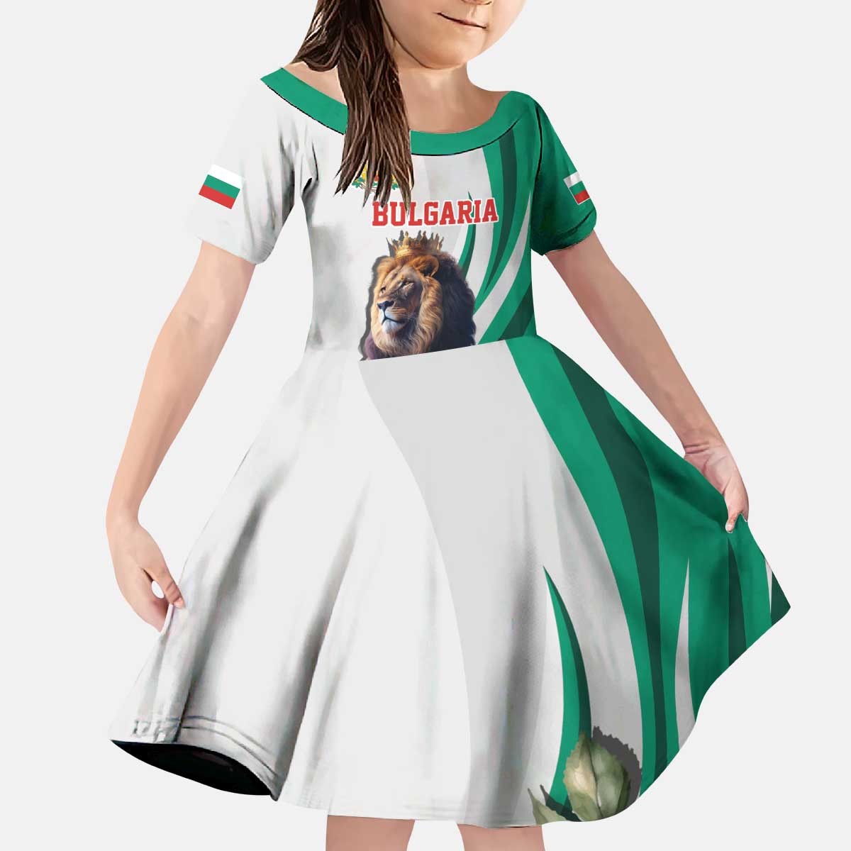 Personalized Bulgaria Coat of Arms Kid Short Sleeve Dress A Crowned Golden Lion with Rose