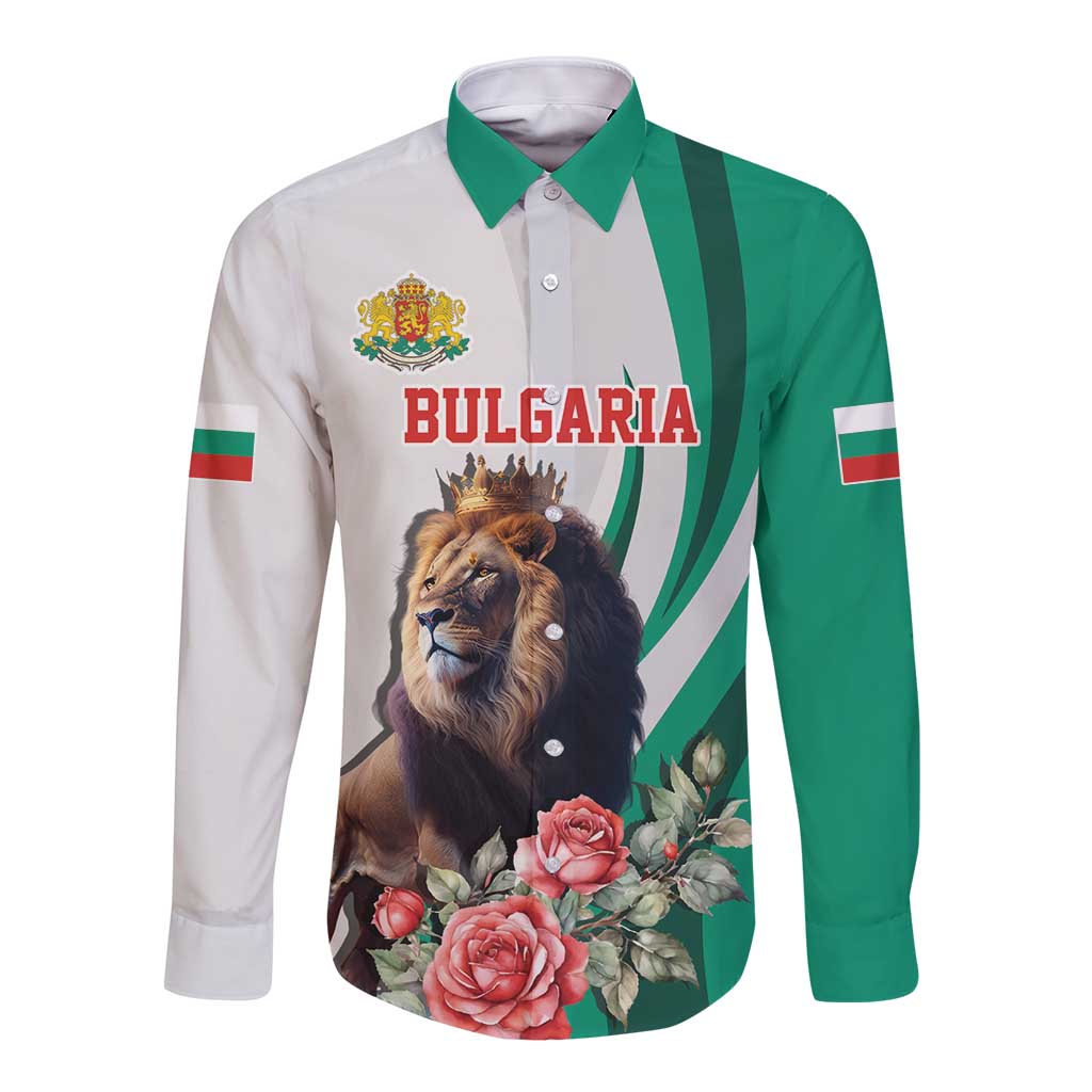 Personalized Bulgaria Coat of Arms Long Sleeve Button Shirt A Crowned Golden Lion with Rose