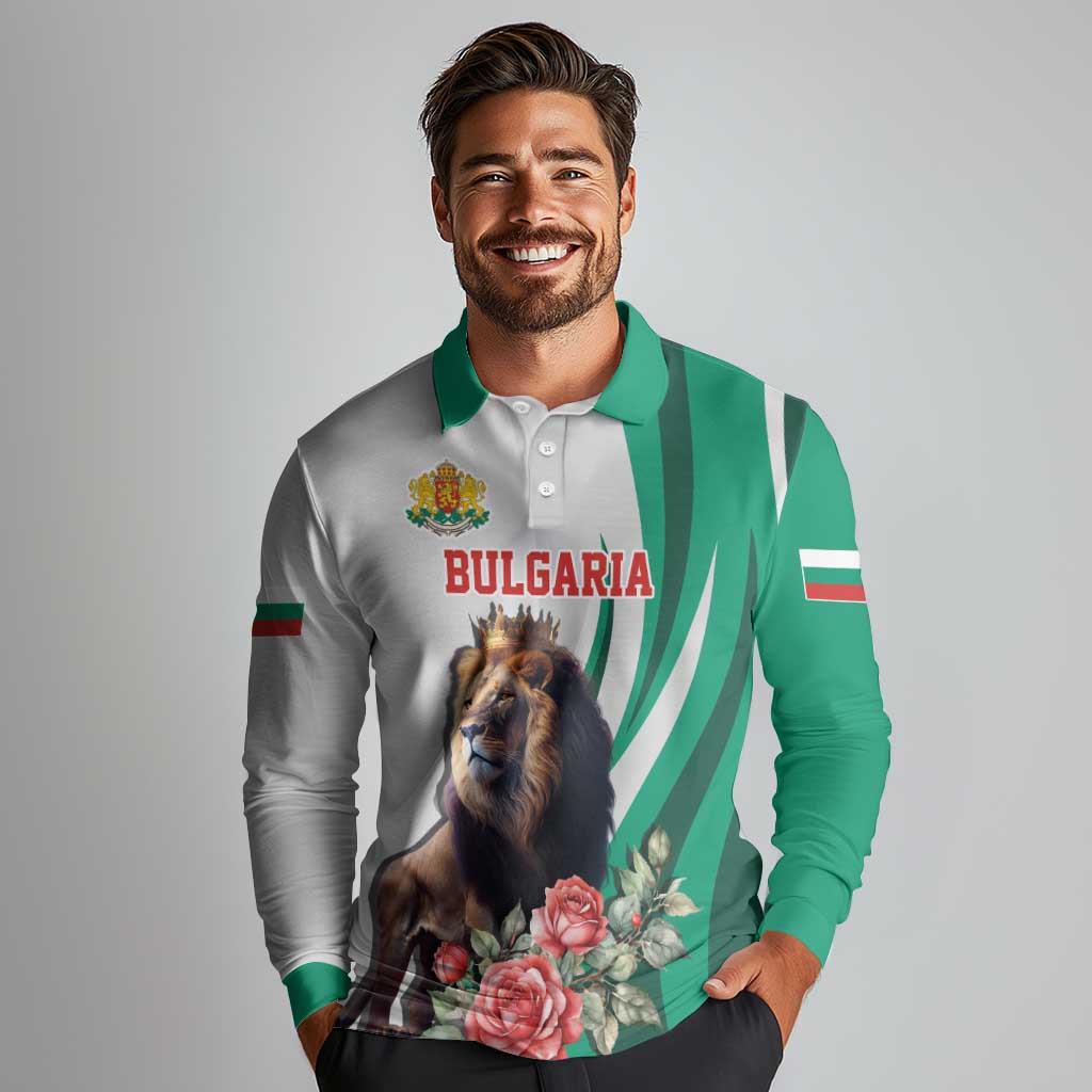 Personalized Bulgaria Coat of Arms Long Sleeve Polo Shirt A Crowned Golden Lion with Rose