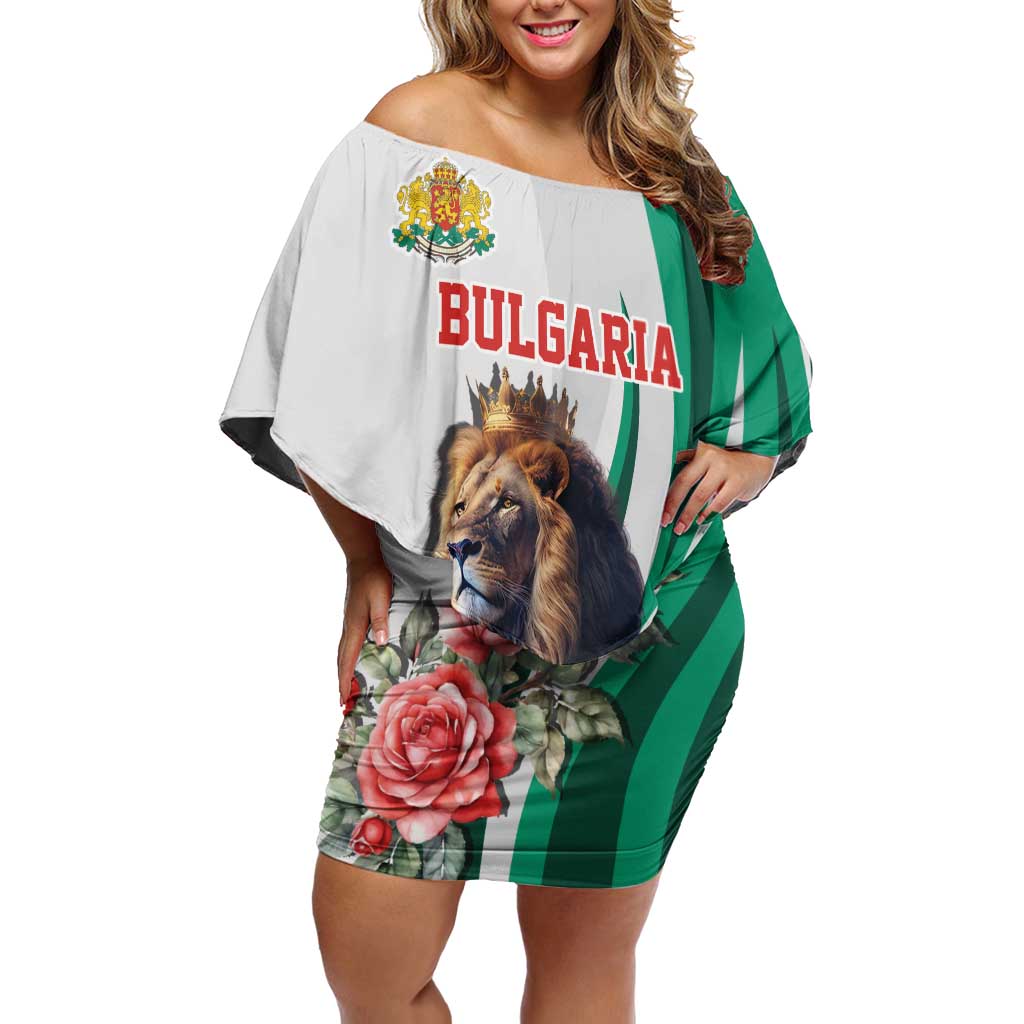 Personalized Bulgaria Coat of Arms Off Shoulder Short Dress A Crowned Golden Lion with Rose