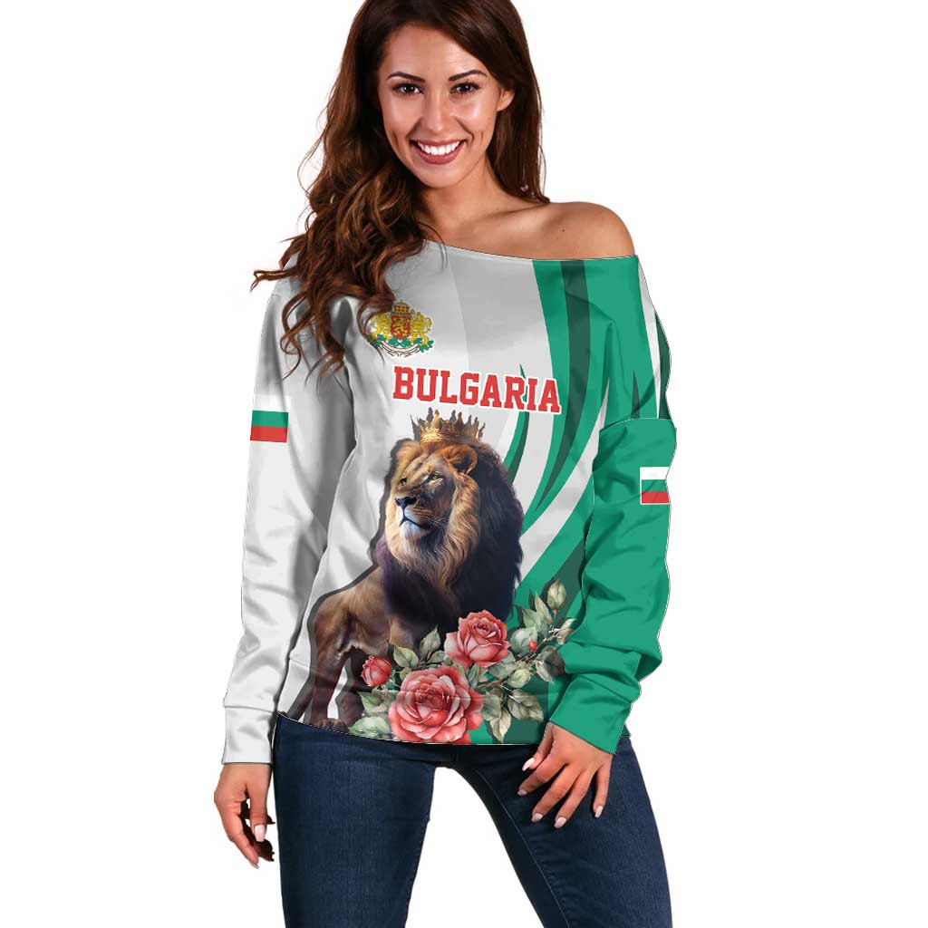 Personalized Bulgaria Coat of Arms Off Shoulder Sweater A Crowned Golden Lion with Rose
