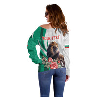 Personalized Bulgaria Coat of Arms Off Shoulder Sweater A Crowned Golden Lion with Rose