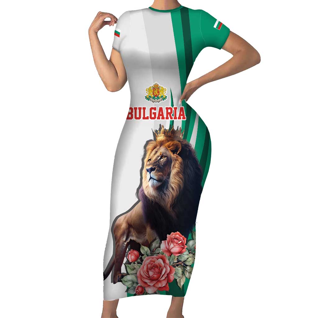 Personalized Bulgaria Coat of Arms Short Sleeve Bodycon Dress A Crowned Golden Lion with Rose